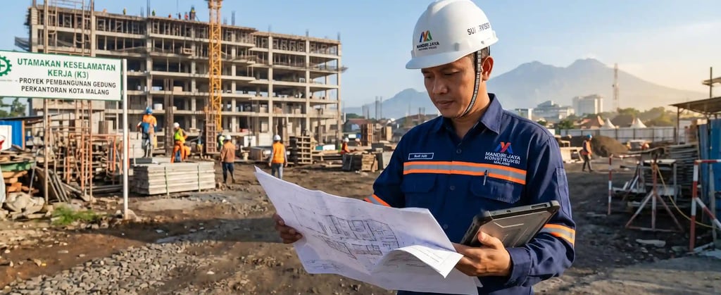 Supervisor proyek mengenakan seragam kerja biru berbahan drill ripstop tangguh
