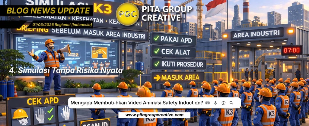 Safety induction 3D animation video showing workers in personal protective equipment at an industrial site.