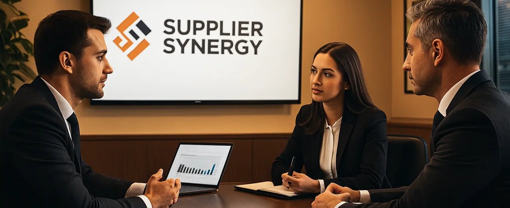 IT consultants in a modern office discussing network performance data with the Supplier Synergy logo on a wall screen.