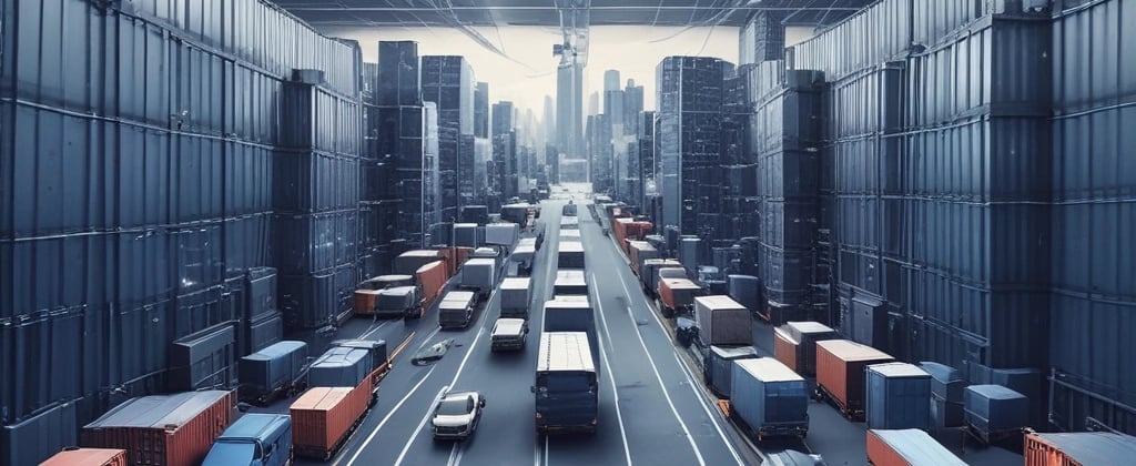 View of busy Monterrey industrial port with containers and trucks at sunset.