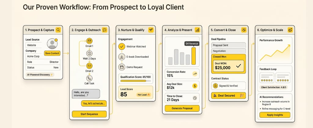 A six-step sales funnel infographic showing a CRM workflow from lead prospecting to client optimization.