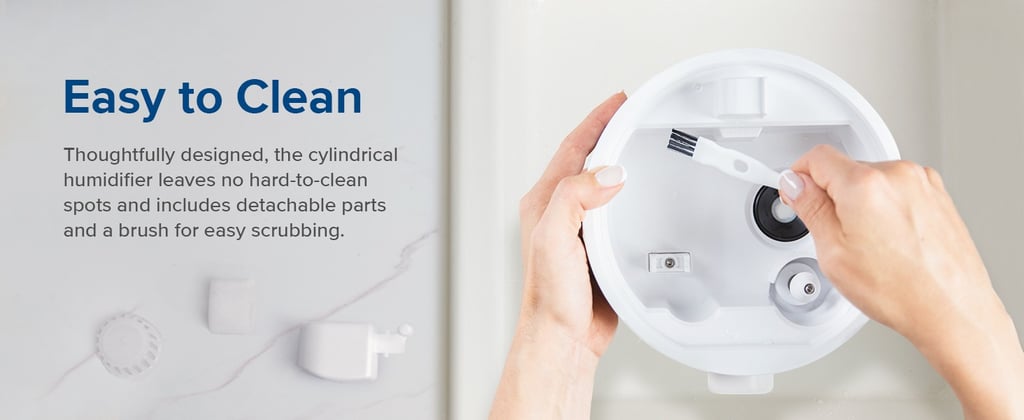 Hand scrubbing base of humidifier with small brush and labeled detachable parts