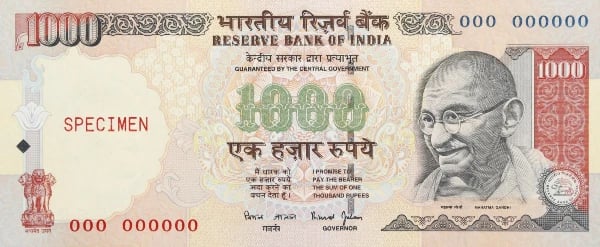 India Gandhi 1000 Rupees Specimen