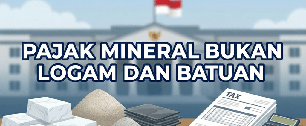 Pajak Mineral Bukan Logam dan Batuan banner with Indonesian government building background and tax documents