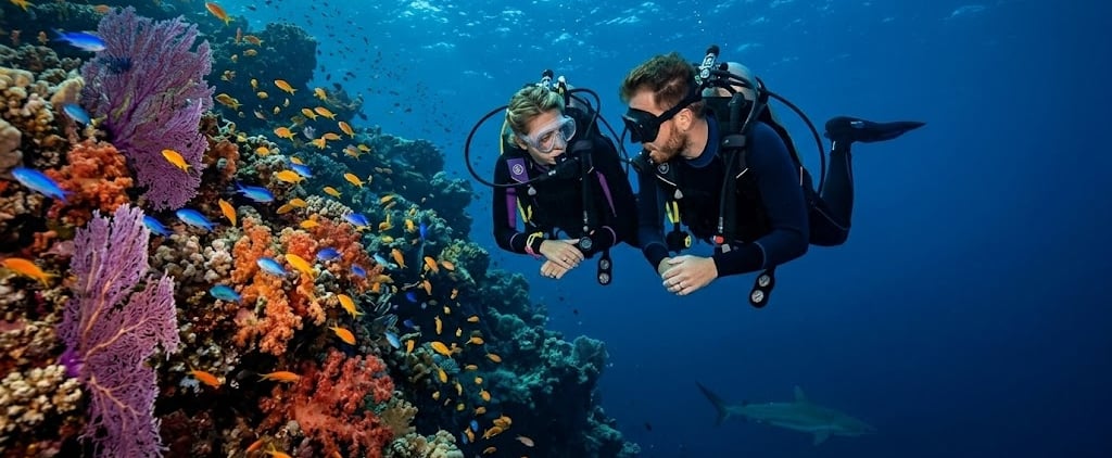 Two scuba divers explore a vibrant coral reef of Elphinstone Reef. 