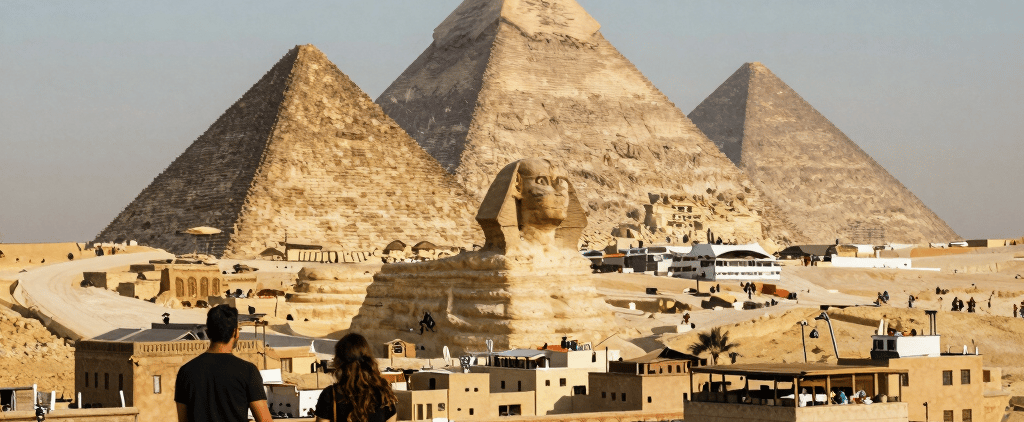 A couple holds hands on a rooftop overlooking the Great Pyramids of Giza and the Sphinx in Egypt.