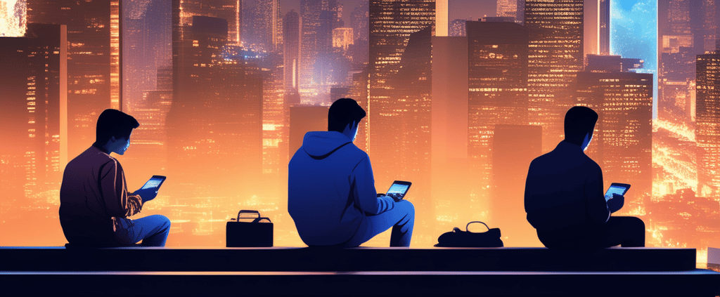 a group of people sitting on a bench with their cell phones