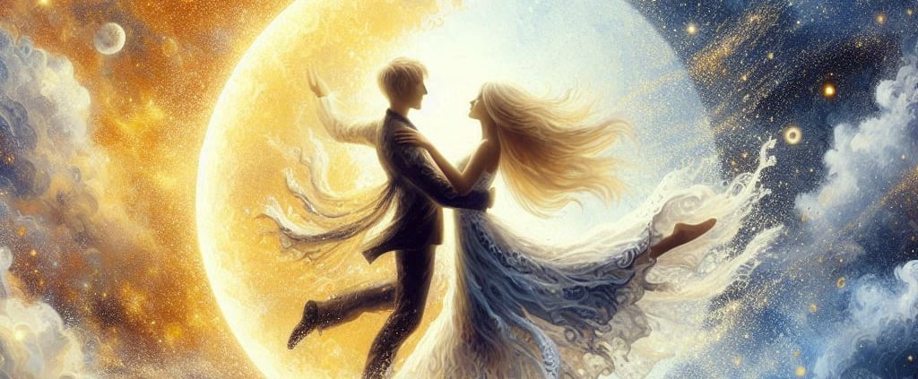 a couple dancing in the moonlight at night