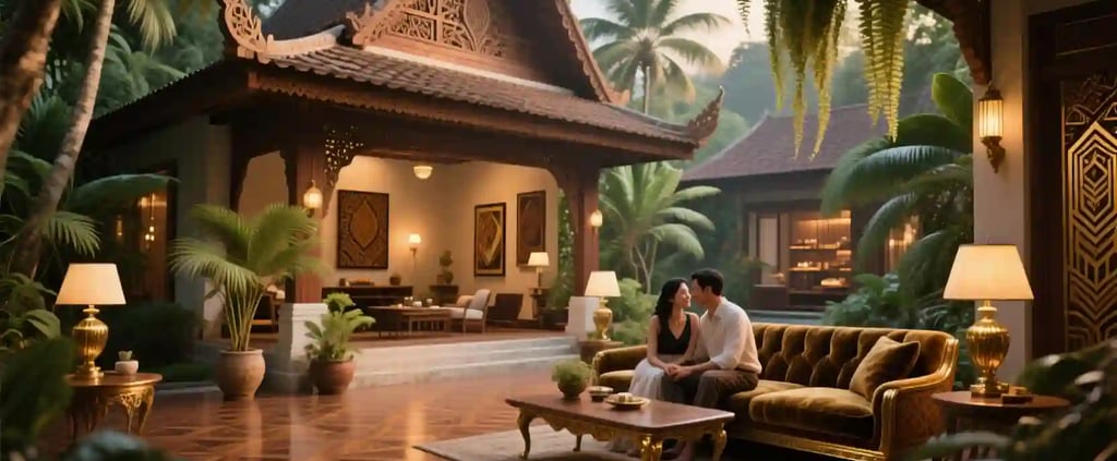 A couple sits on a luxurious sofa on the patio of a traditional Javanese-style villa, surrounded by lush tropical plants. The