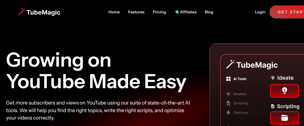 The image showcases TubeMagic, an AI-powered YouTube growth tool designed to help creators.