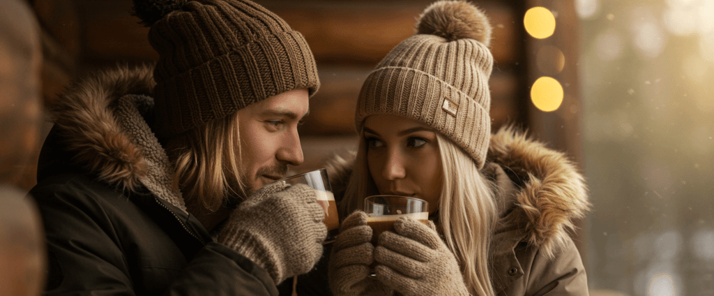 a man and woman drinking coffee in a cabin