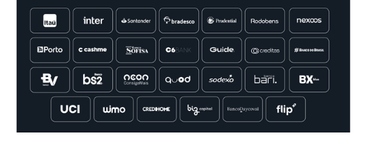 imagem com fundo escuro com os logos dos principais bancos e instituições financeiras do brasil