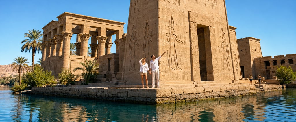 A couple tours the ancient Philae Temple in Aswan, Egypt, featuring stone hieroglyphics and pillars by the Nile River.