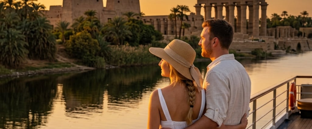 A couple enjoys a sunset Nile River cruise view of the ancient Luxor Temple in Egypt.
