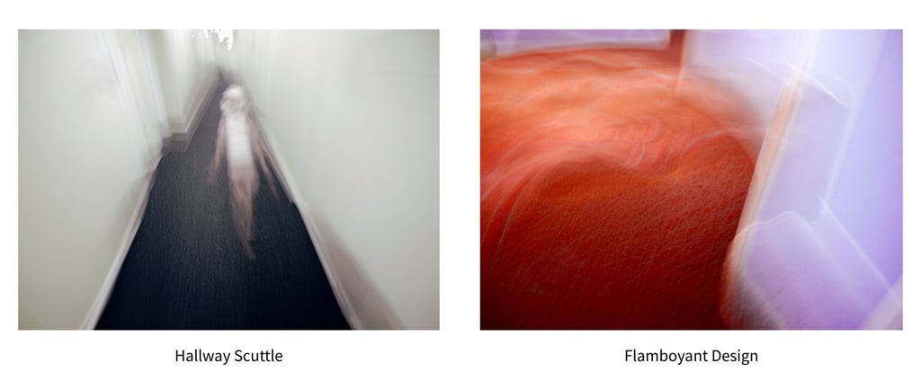 Two fine art photographs shown side by side, one abstract of a child moving down a hallway and the other a colourful abstract