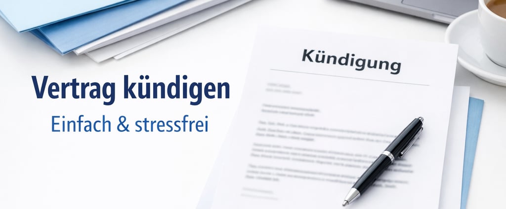 Kündigungsschreiben auf dem Schreibtisch mit Stift und Vorlage zur Vertragskündigung.