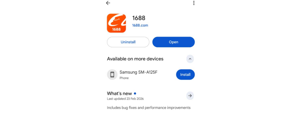 Screenshot of the 1688 app on Google Play Store featuring the orange logo and installation options