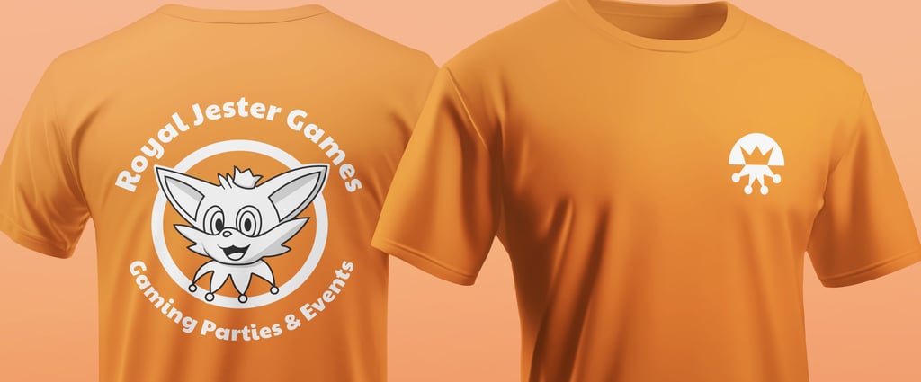 T-shirt design with logomark on front, and mascot in black and white on reverse