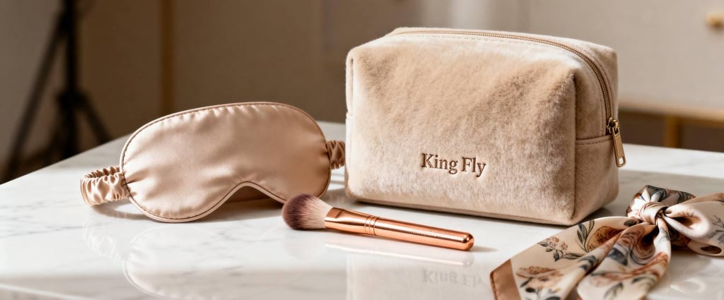 "The Cashmere Edit" GWP collection, featuring a taupe cosmetic pouch and luxury accessories.