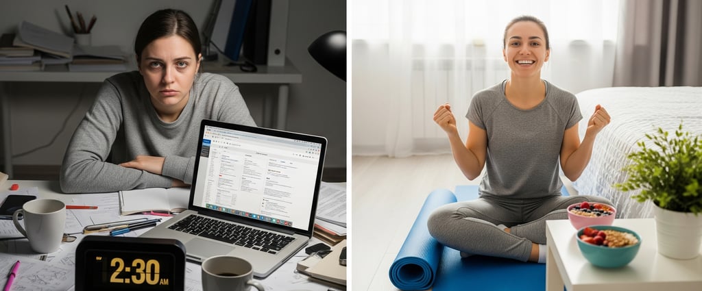 a woman sitting on a yoga mat with a laptop and a laptop