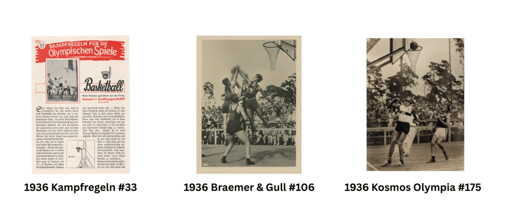 1936 Basketball Cards Kaiser's Coffee #33, Braemer & Gull #106, Kosmos Olympia #175