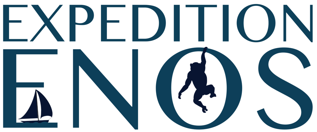 a blue and white logo with the words "Expedition Enos"