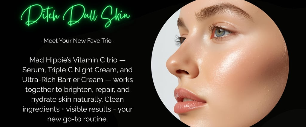 Close-up of young woman with glowing skin next to Mad Hippie Vitamin C trio text