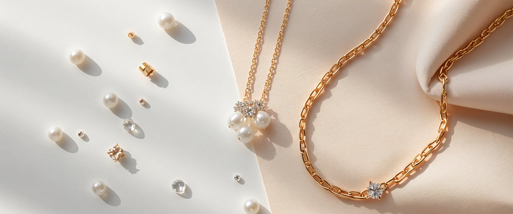 Elegant gold chain necklaces with pearls and diamonds displayed on silk fabric and white surface.