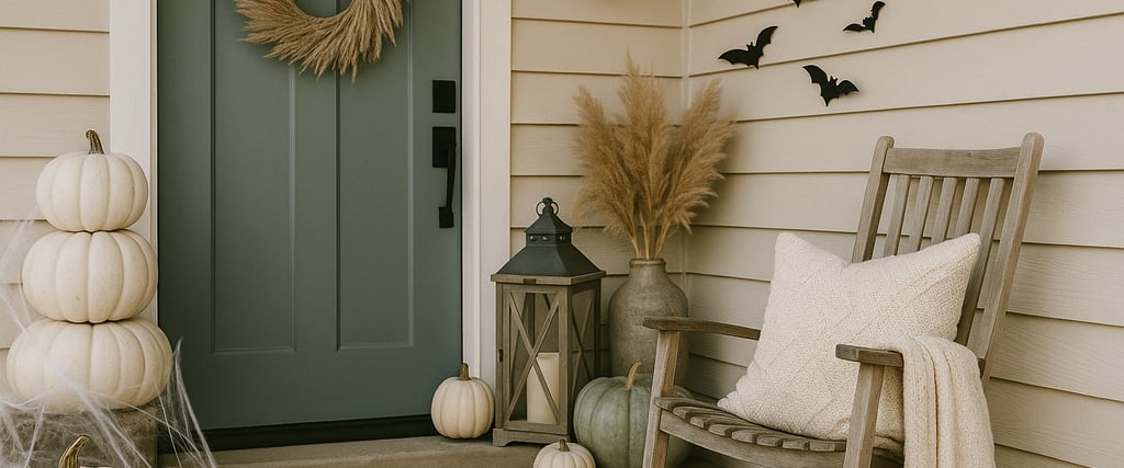 Elegant neutral Halloween porch décor featuring stacked white and sage pumpkins, rustic lanterns wit