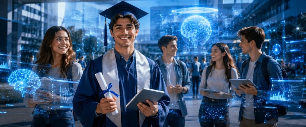 A smiling male graduate in a blue gown holding a diploma and tablet among students with AI data overlays.