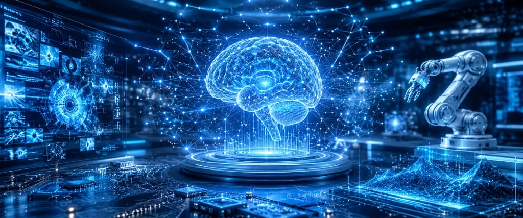 A glowing blue digital human brain representing artificial intelligence and machine learning technology.