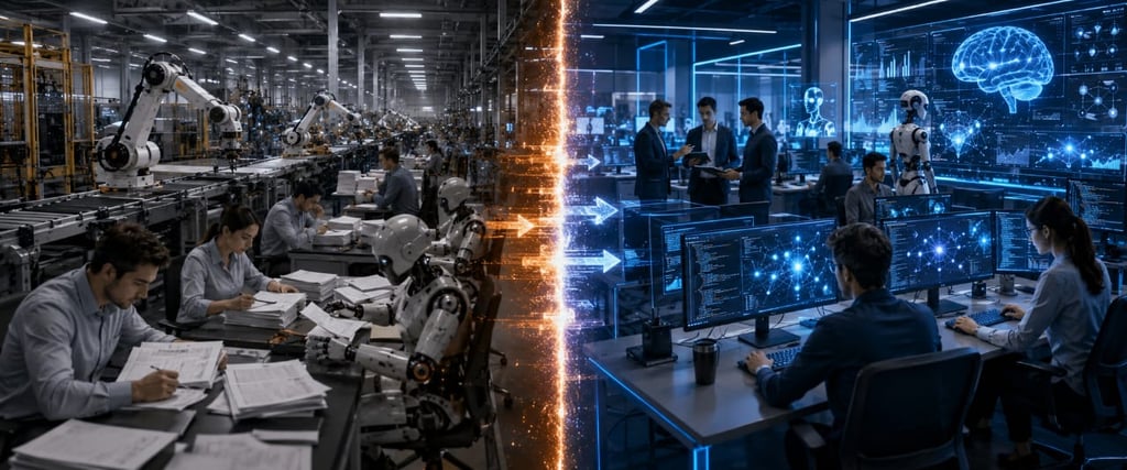 Digital twin technology showing industrial automation and AI robotics in a modern smart factory setting.