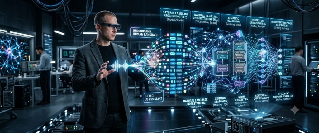 Engineer interacting with natural language processing and AI assistant holographic interface.