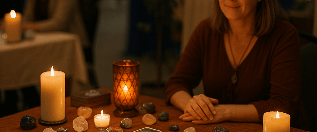 un stand de salon spirituel avec bougies, cartes, pierres et une ambiance tamisée
