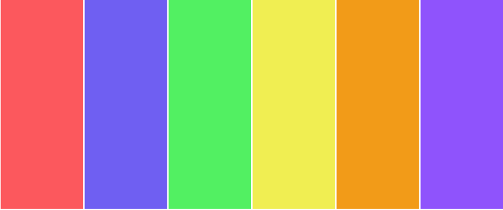 red, blue, green, yellow, orange, purple