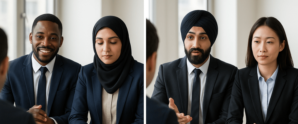 Diverse professionals in interview settings showing cultural variations in body language