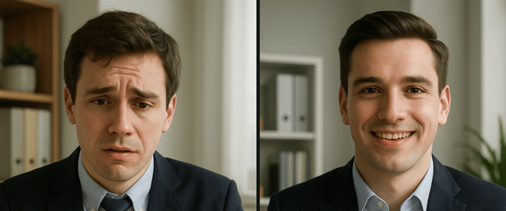showing a split-screen of a nervous interviewee vs. confident interviewee