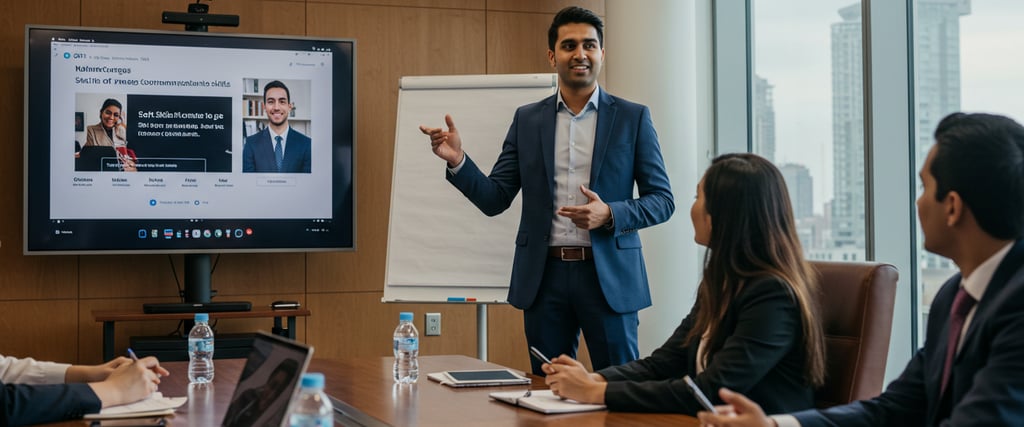 Person confidently presenting in a professional setting, demonstrating soft skills learned 