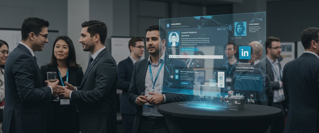 Professional networking event with LinkedIn profiles visible showing completed courses
