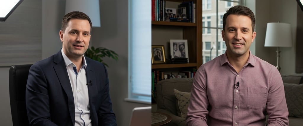 Split-screen showing proper lighting, camera angle, and professional background for video interview.