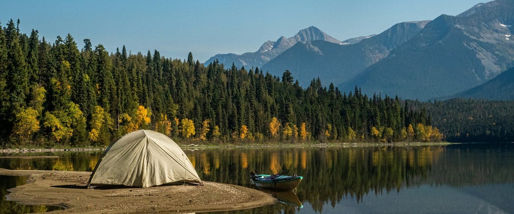 a tent pitched up in a tent on a small island