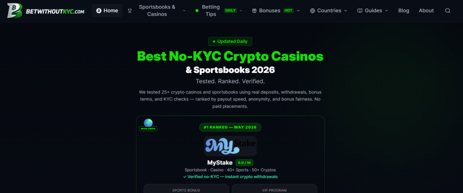 BetWithoutKYC website ranking the best no-KYC crypto casinos and sportsbooks for 2026.