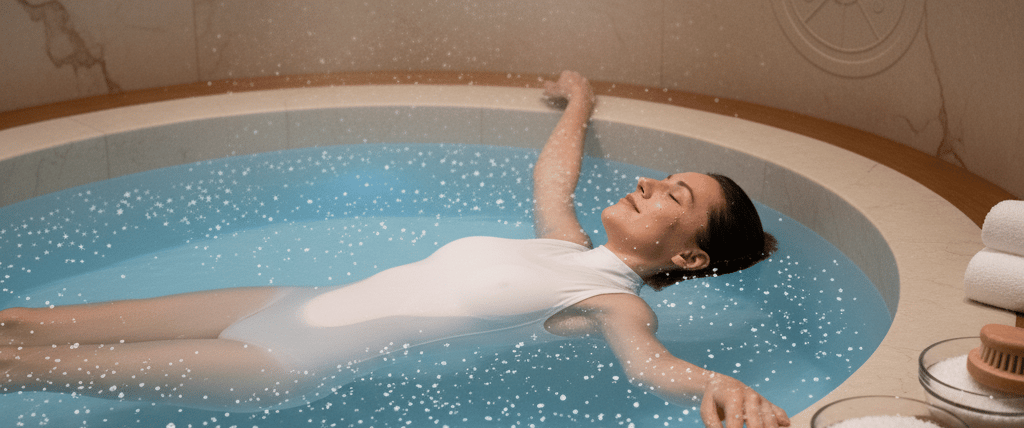 женщина расслабленно лежит на  воды в флоатинг ванне с закрытыми глазами