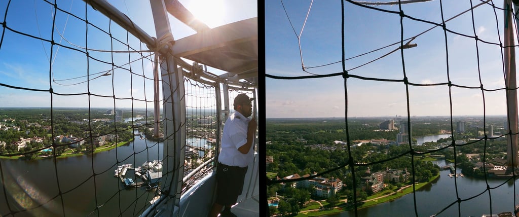 two views of Disney Springs in Orlando, Florida from a hot-air balloon