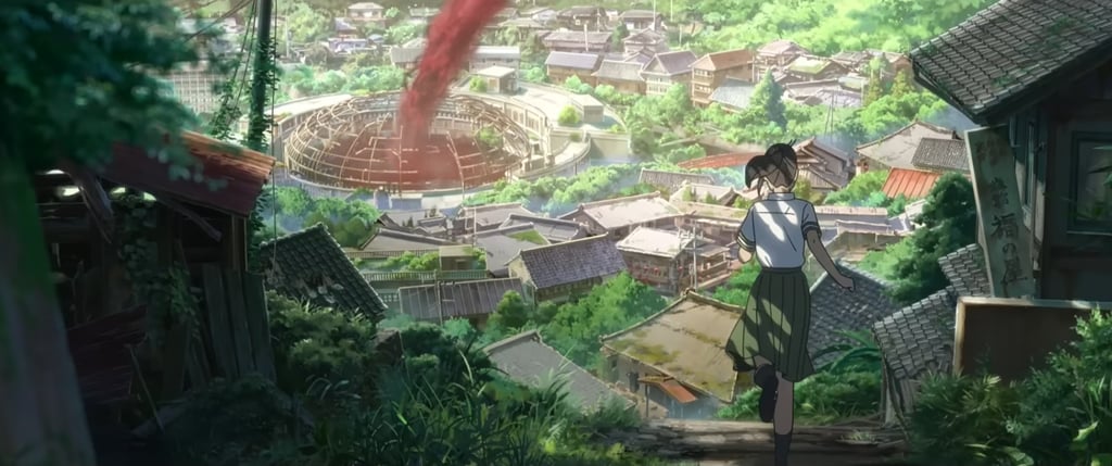 suzume screenshot, suzume running towards spiritual energy that rises from an abandoned town