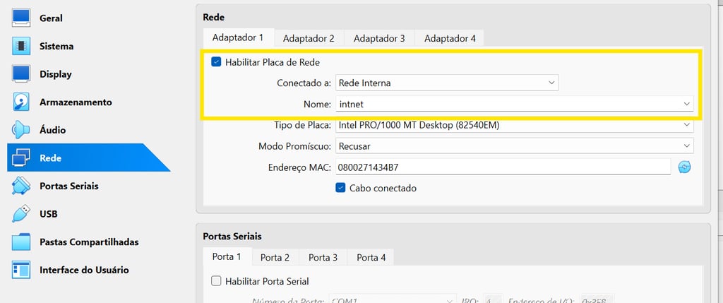 Aba de configurações de rede do VirtualBox com o adaptador 1 configurado para rede interna na estaçã