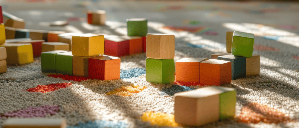Kids play bricks on a clean carpet