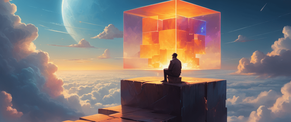 a man sitting on a cube in the clouds and thinking outside the box