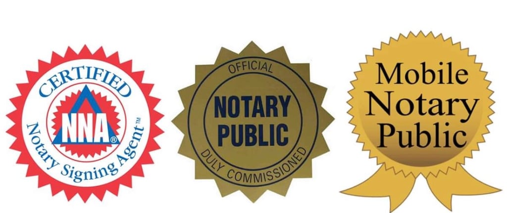 Certified NNA Notary Signing Agent, Official Notary Public, and Mobile Notary Public seal logos.