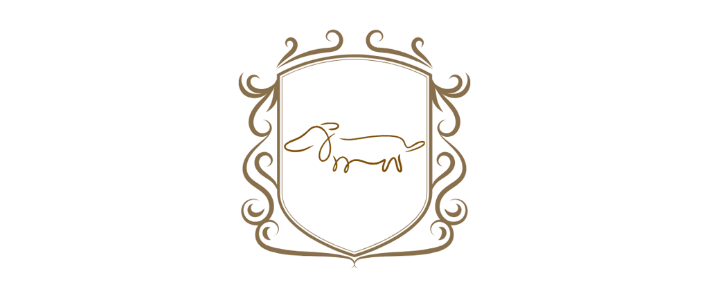 Line-drawn golden coat of arms with dachshund in middle